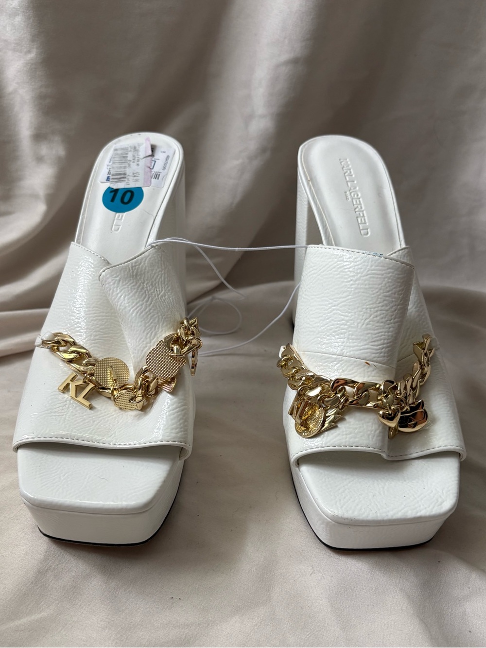 Karl Lagerfeld White Platform Mule Sandals with Gold Chain